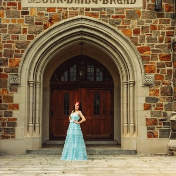 Elegant Light Blue Tiered Chiffon Evening Dress - Women